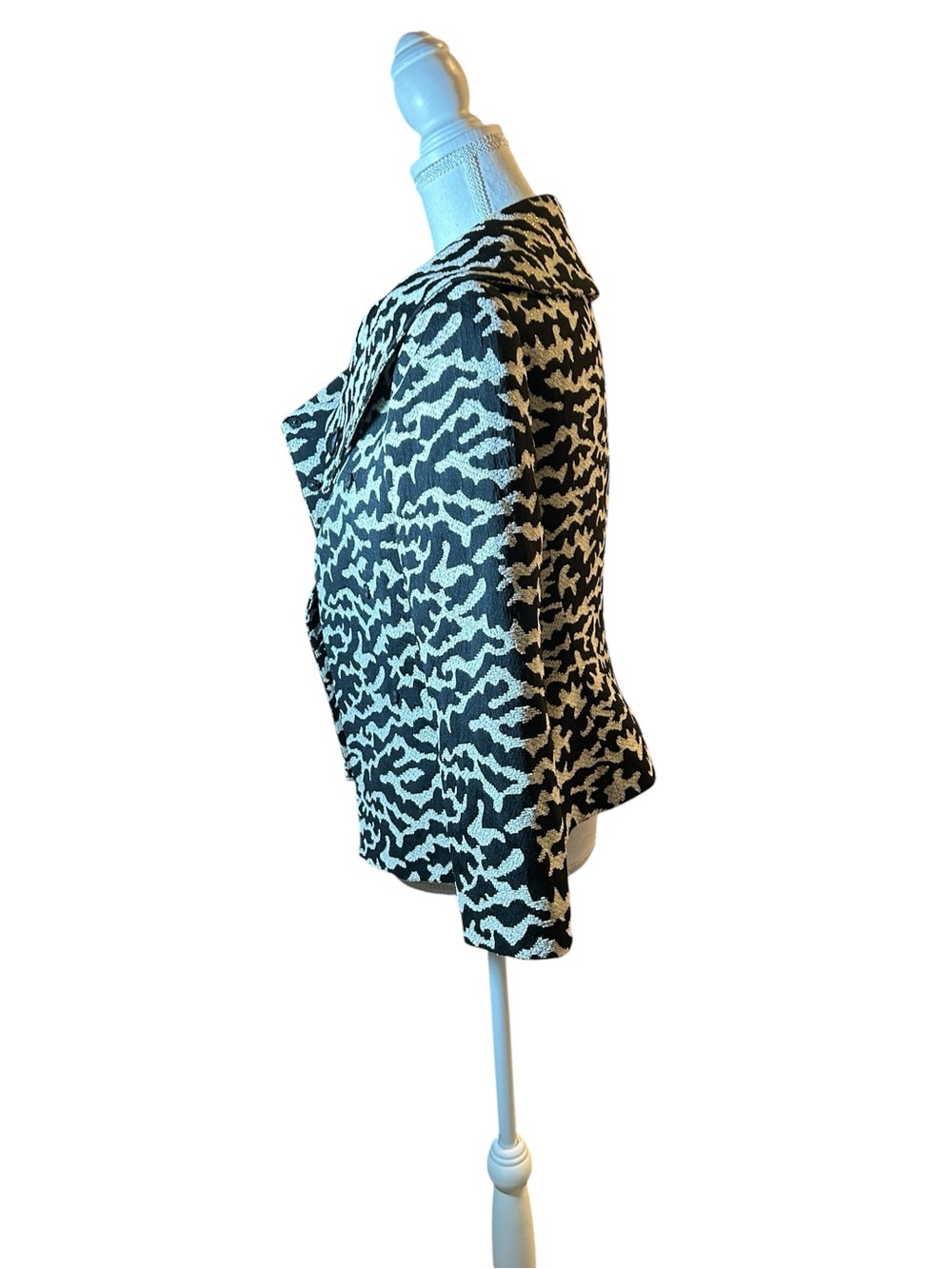 Women's Patterned Asymmetrical Button Jacket - Black & Cream - Picture 3 of 8